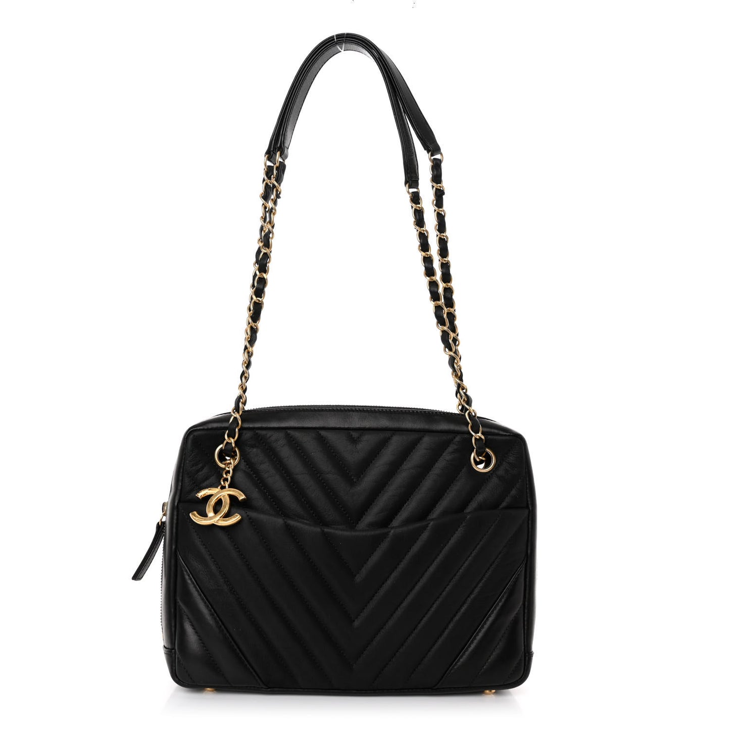 Iridescent Calfskin Lambskin Chevron Quilted Camera Case Black