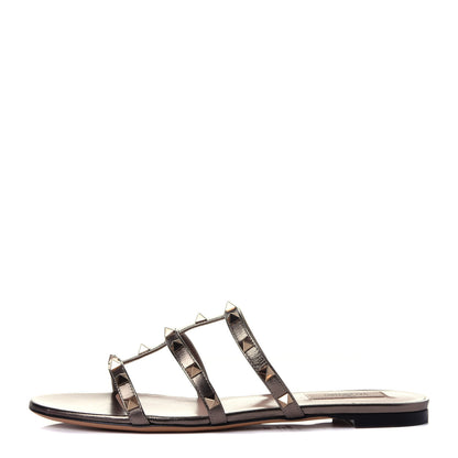 Valentino Garavani Metallic Nappa Rockstud Caged Flat Slide Sandals 38.5 Sasso 1 of 10