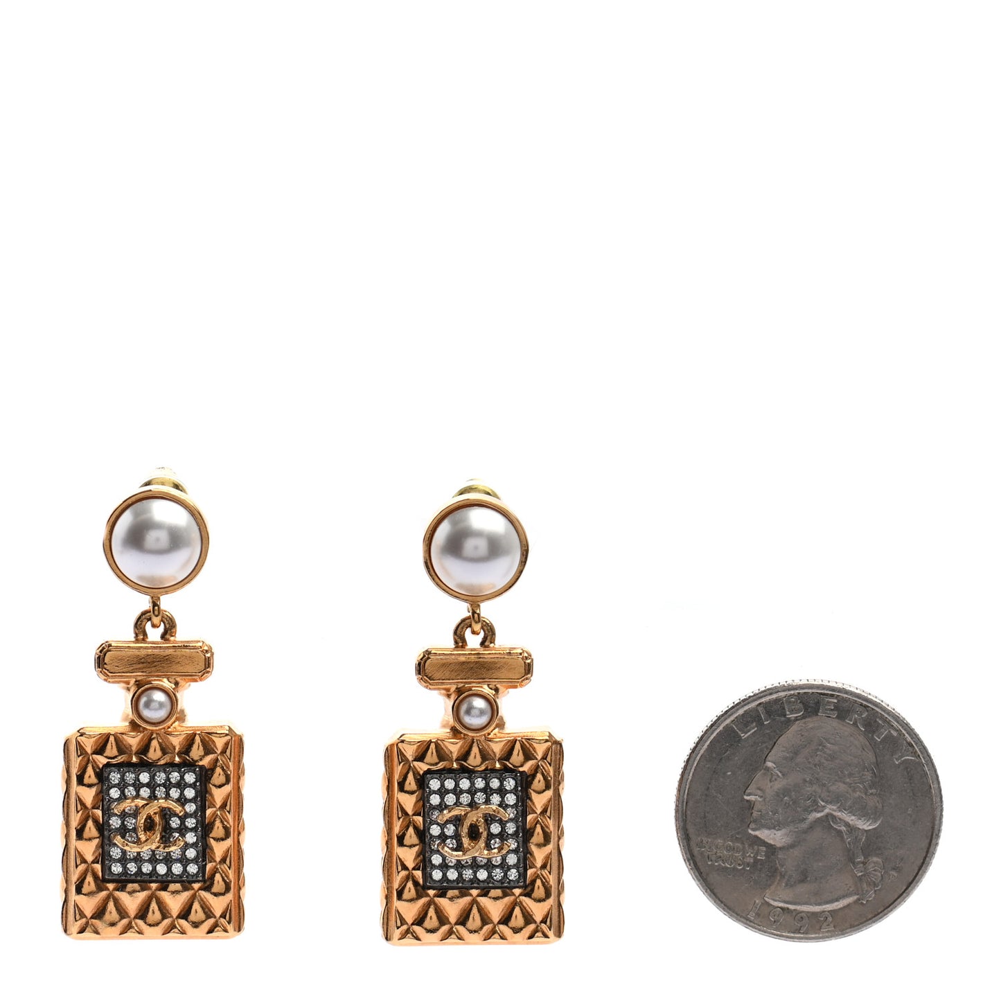 Crystal Pearl CC Perfume Bottle Drop Earrings Gold