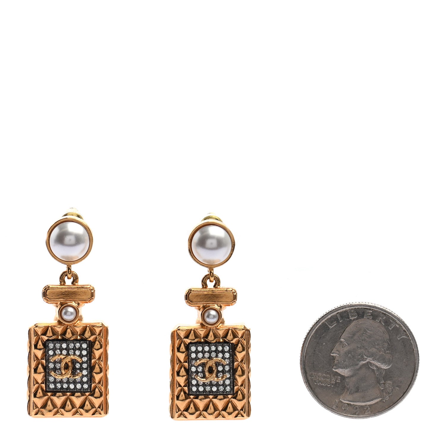 Chanel Crystal Pearl CC Perfume Bottle Drop Earrings Gold 2 of 4