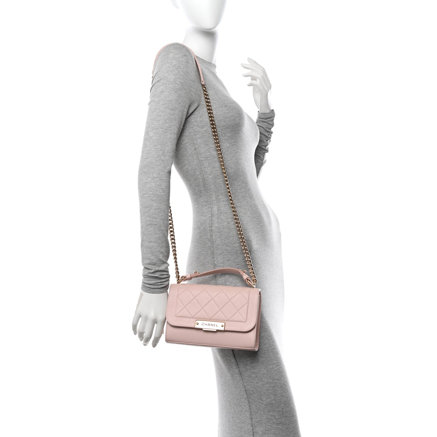 Grained Calfskin Quilted Small Label Click Flap Bag Pink