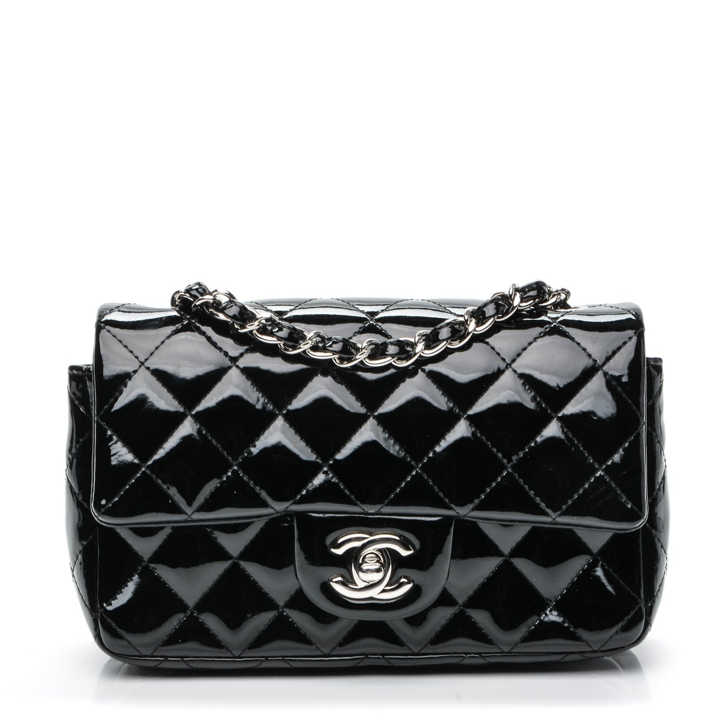 Patent Calfskin Quilted Mini Rectangular Flap Black
