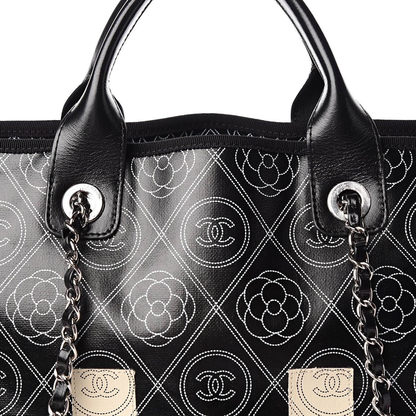 Coated Canvas Camellia Medium Shopping Tote Black Beige