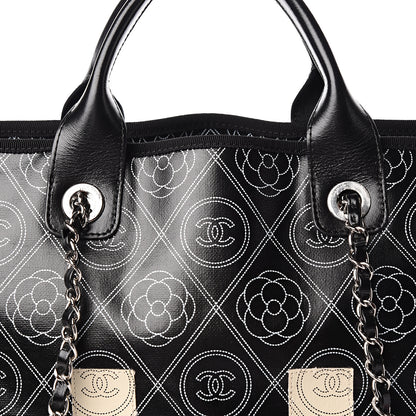 Chanel Coated Canvas Camellia Medium Shopping Tote Black Beige 9 of 9