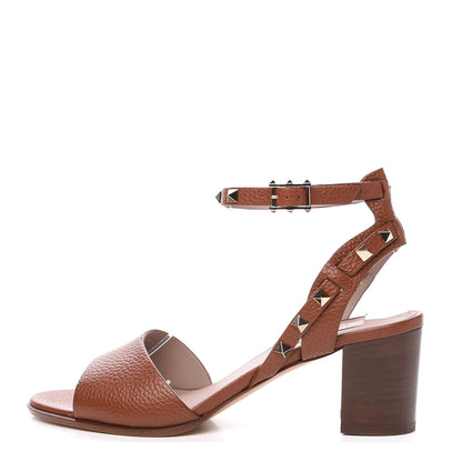 Valentino Garavani Pebbled Calfskin Rockstud Ankle Strap 60mm Sandals 39 Bright Cognac 1 of 8