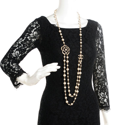 Chanel Swarovski Crystal Pearl Camellia Necklace Gold 2 of 5