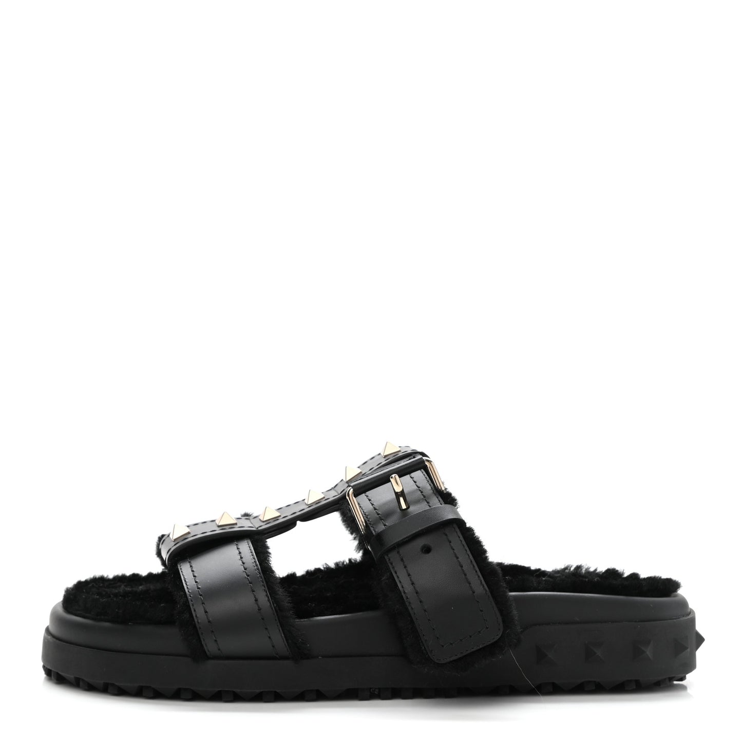 Shearling Rockstud Slide Sandals 38 Black