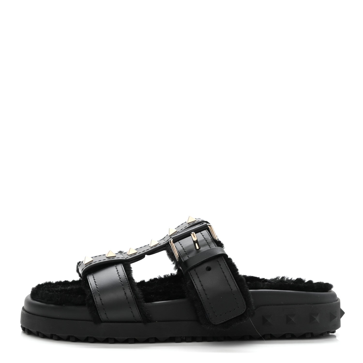 Valentino Garavani Shearling Rockstud Slide Sandals 38 Black 1 of 8