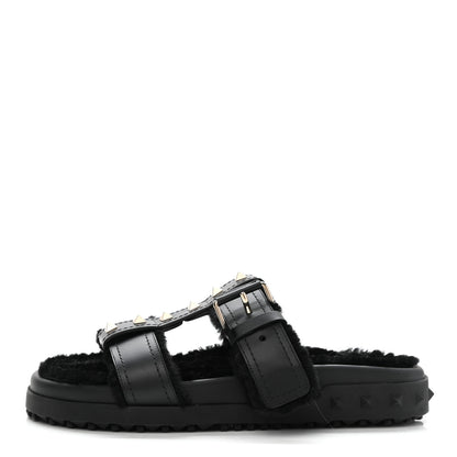 Valentino Garavani Shearling Rockstud Slide Sandals 38 Black 1 of 8