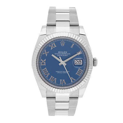 Rolex Stainless Steel 18K White Gold 41mm Oyster Perpetual Datejust Watch Azzurro Blue Roman 126334 1 of 5