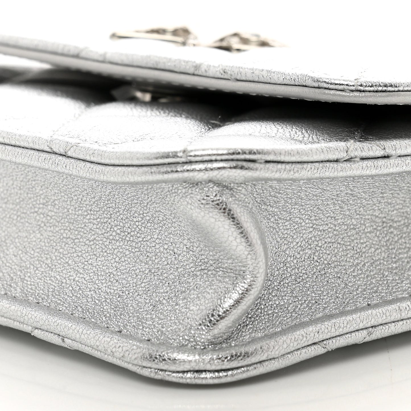 Metallic Goatskin Quilted Crystal CC Walk Of Fame Clutch With Chain Silver