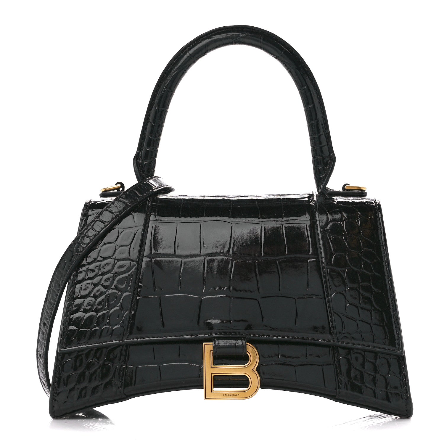 Balenciaga Shiny Calfskin Crocodile Embossed Small Hourglass Top Handle Bag Black 1 of 13