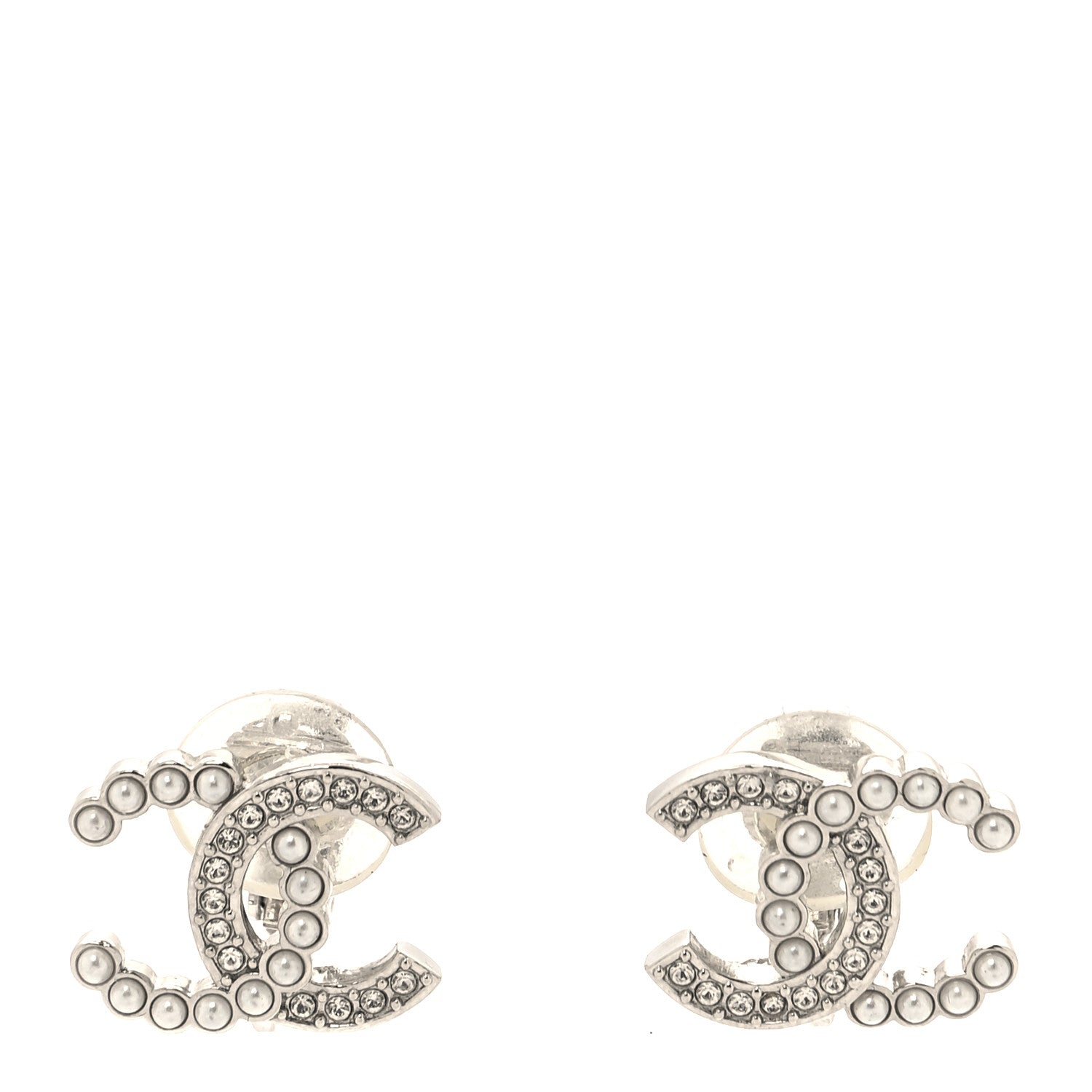 Chanel Crystal Pearl CC Clip On Earrings Silver 1 of 5
