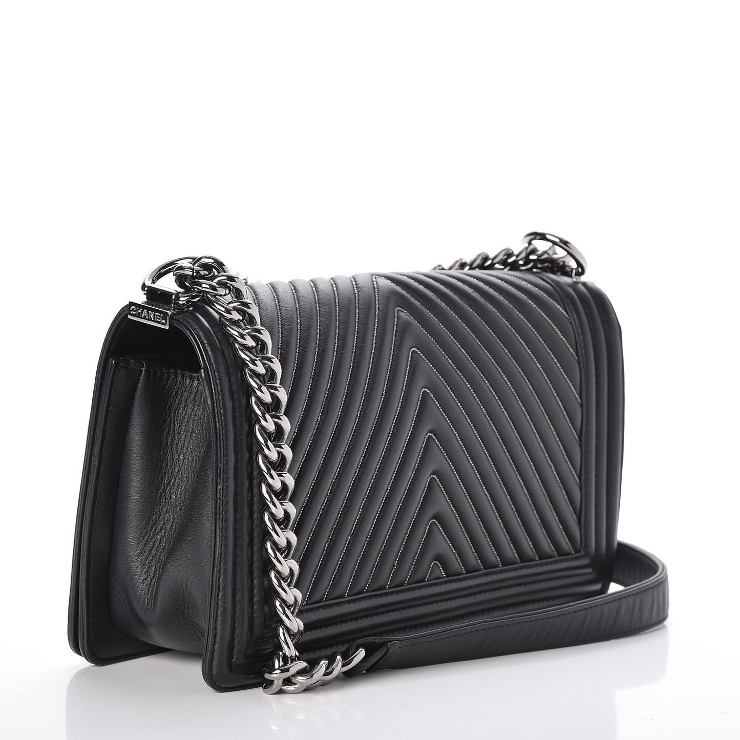 Calfskin Chevron Quilted Medium Chain Boy Flap Black