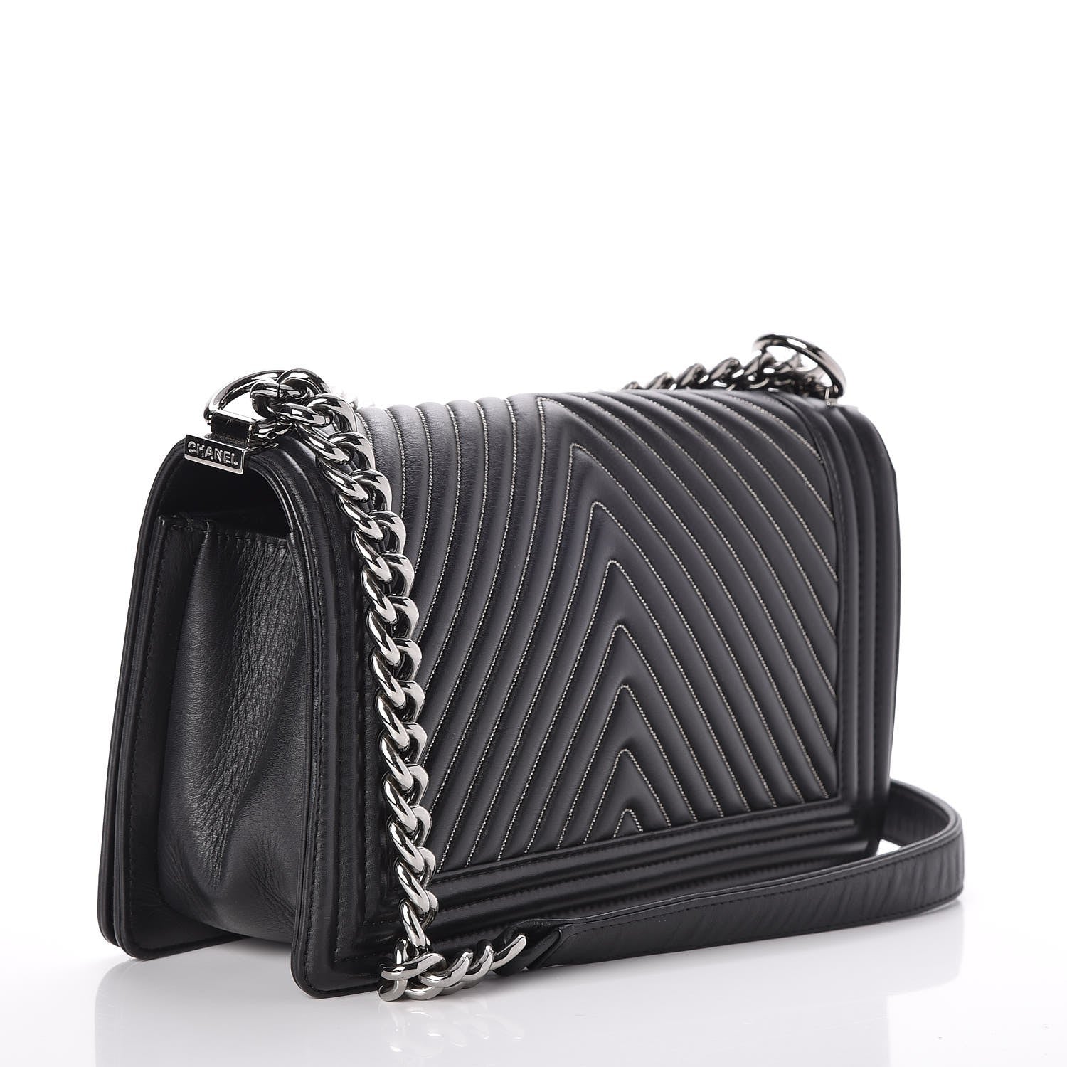 Chanel Calfskin Chevron Quilted Medium Chain Boy Flap Black 2 of 10