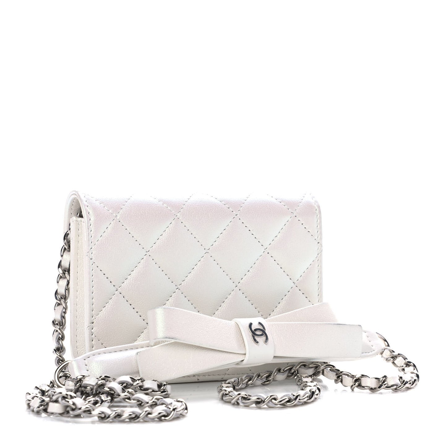 Iridescent Lambskin Quilted Coco Bow Clutch With Chain White