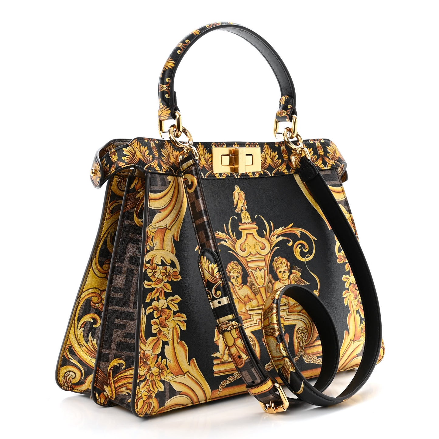 X VERSACE Vitello Seta Nappa Fendace FF Baroque Medium Peekaboo I SEE U Satchel Tobacco Black Gold