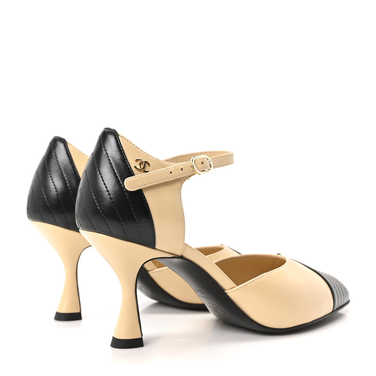 Chanel Lambskin Mary Jane Pumps 35.5 Beige Black 5 of 10