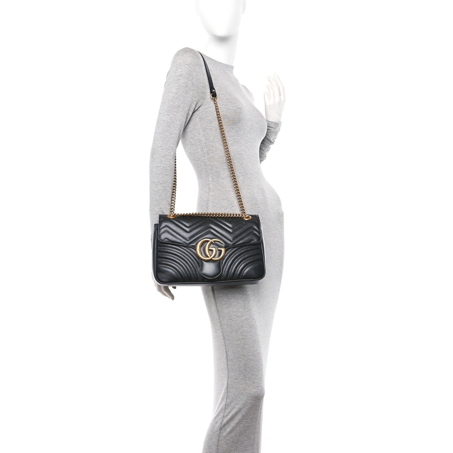 Gucci Calfskin Matelasse Medium GG Marmont Shoulder Bag Black 2 of 11
