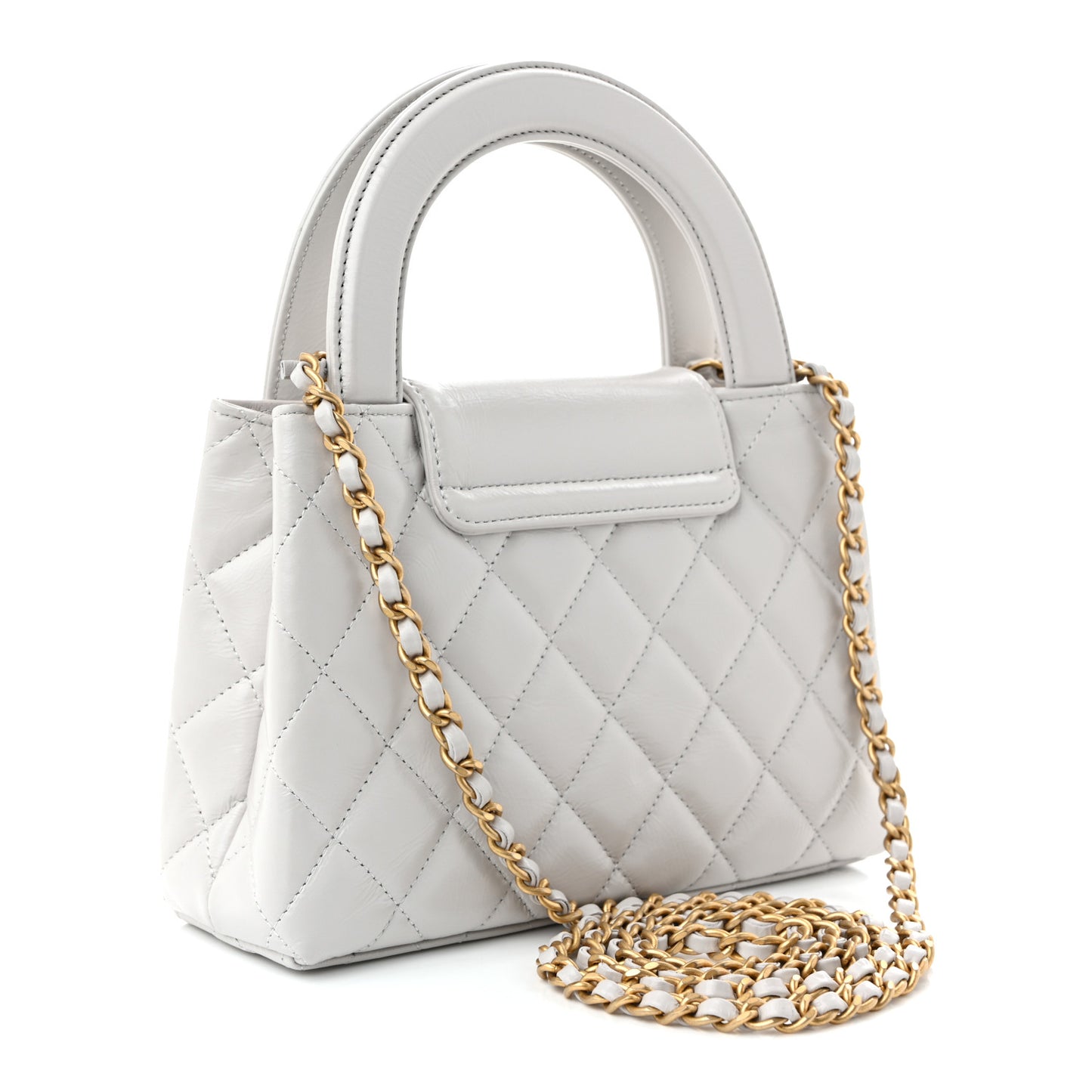Shiny Aged Calfskin Quilted Nano Kelly Shopper Light Grey