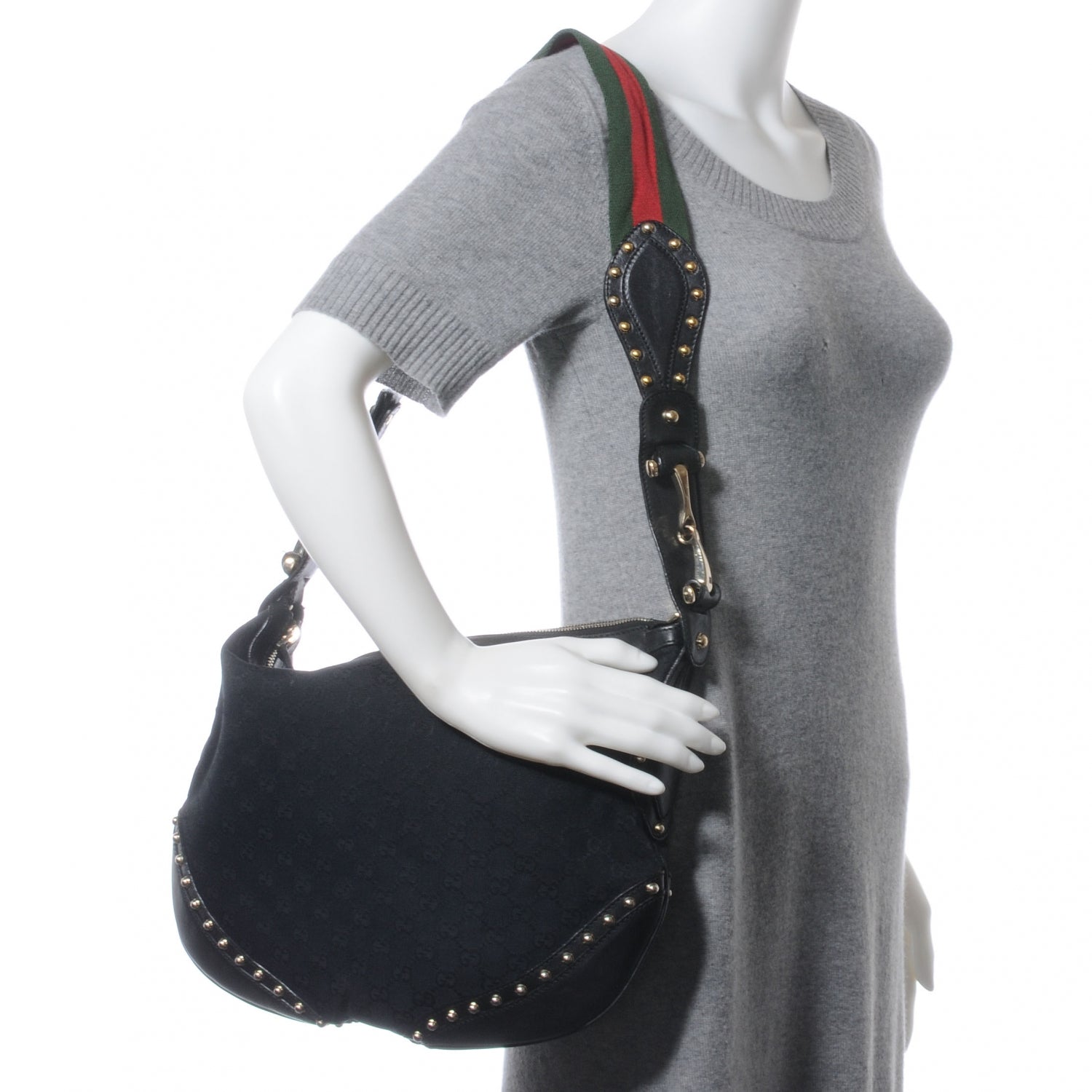 Gucci Monogram Pelham Studded Shoulder Bag Black 2 of 8