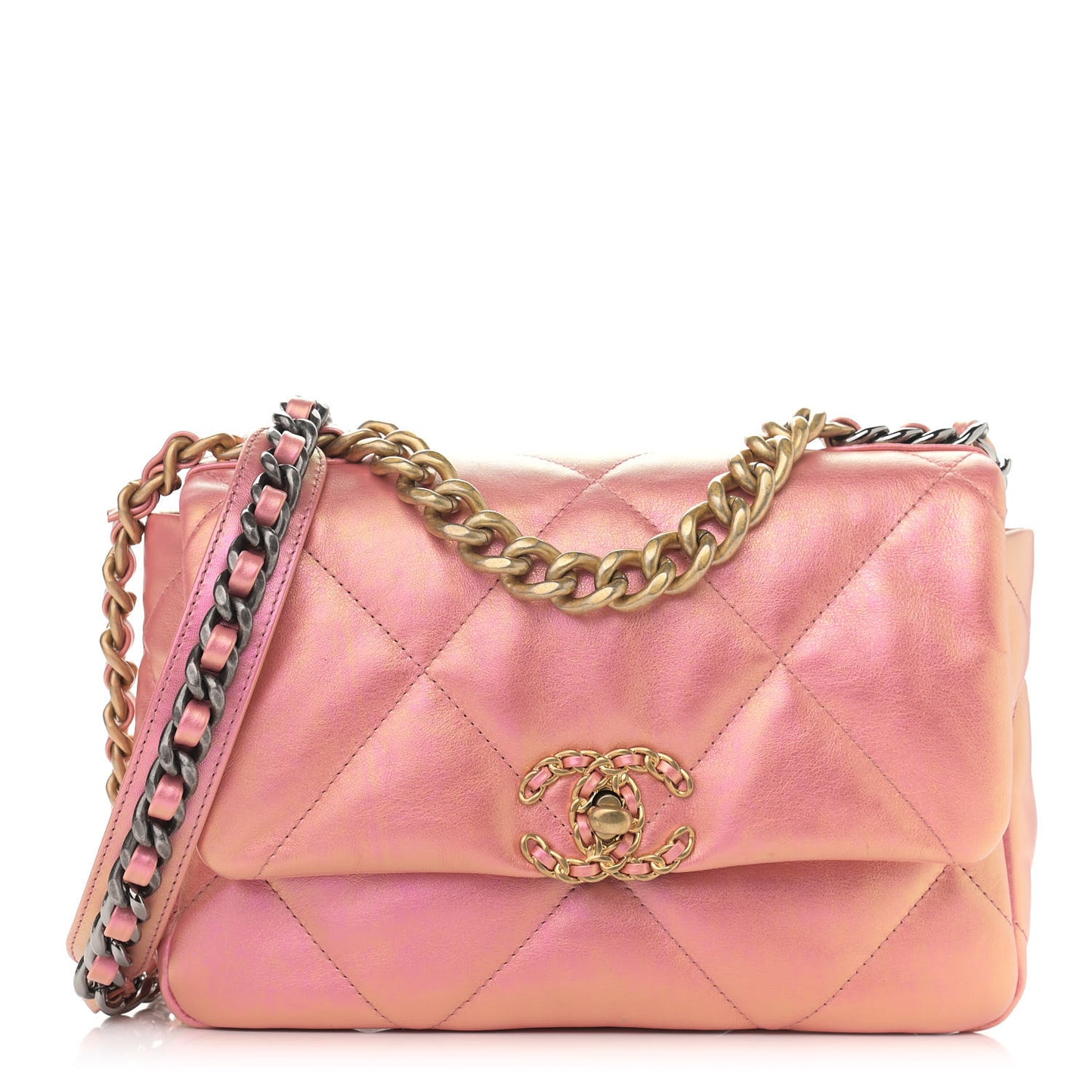 Iridescent Calfskin Quilted Medium Chanel 19 Flap Pink