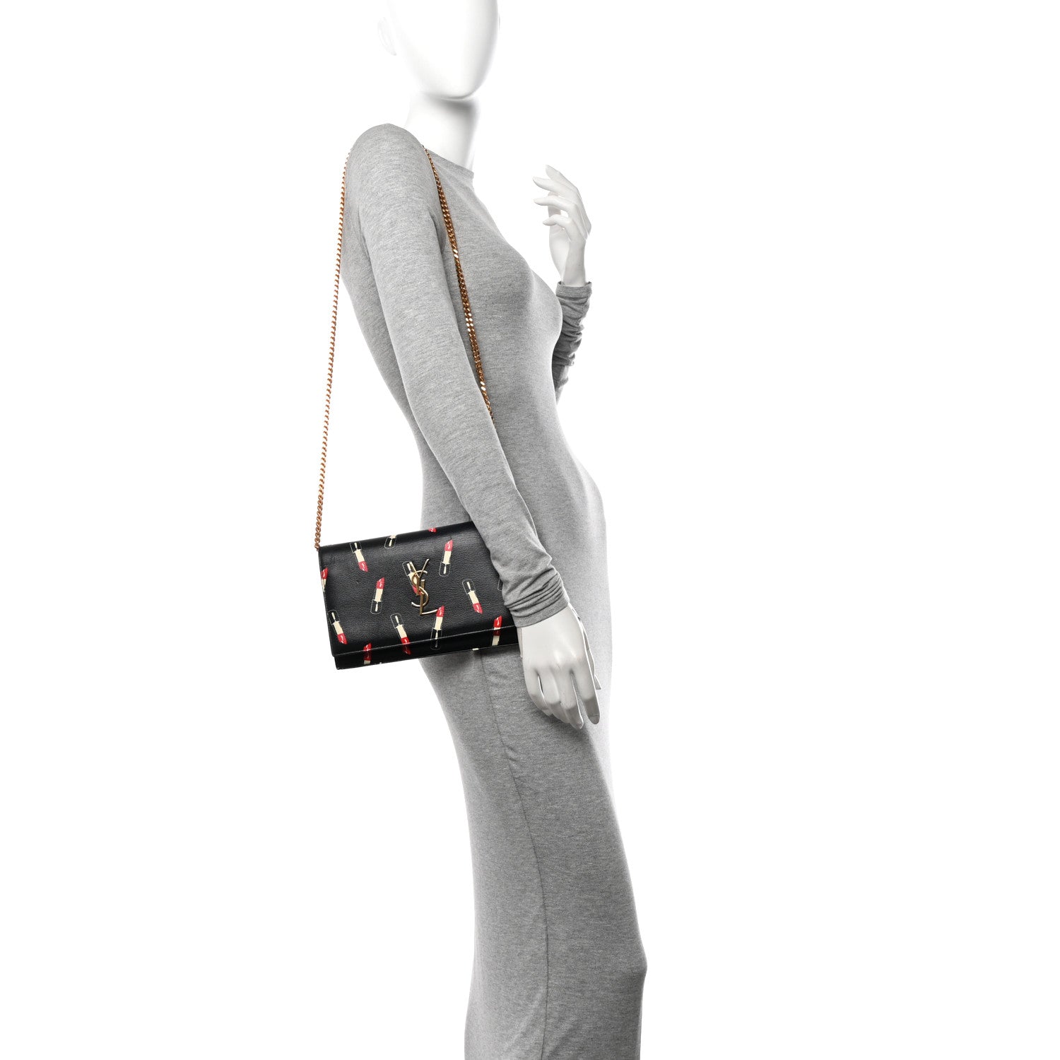 Saint Laurent Calfskin Lipstick Print Classic Monogram Kate Wallet On Chain Black 3 of 10