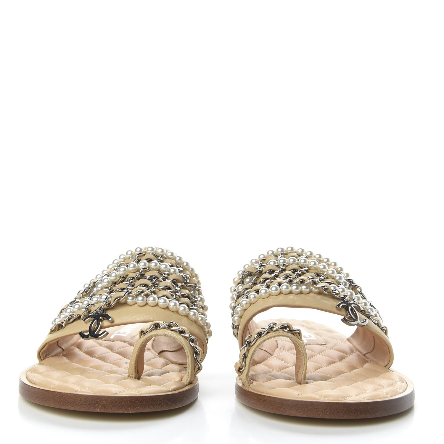 Chanel Pearl Lambskin Chain Flat Sandals 36 Beige 2 of 10