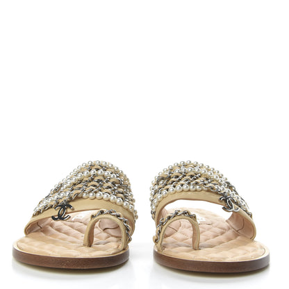 Chanel Pearl Lambskin Chain Flat Sandals 36 Beige 2 of 10