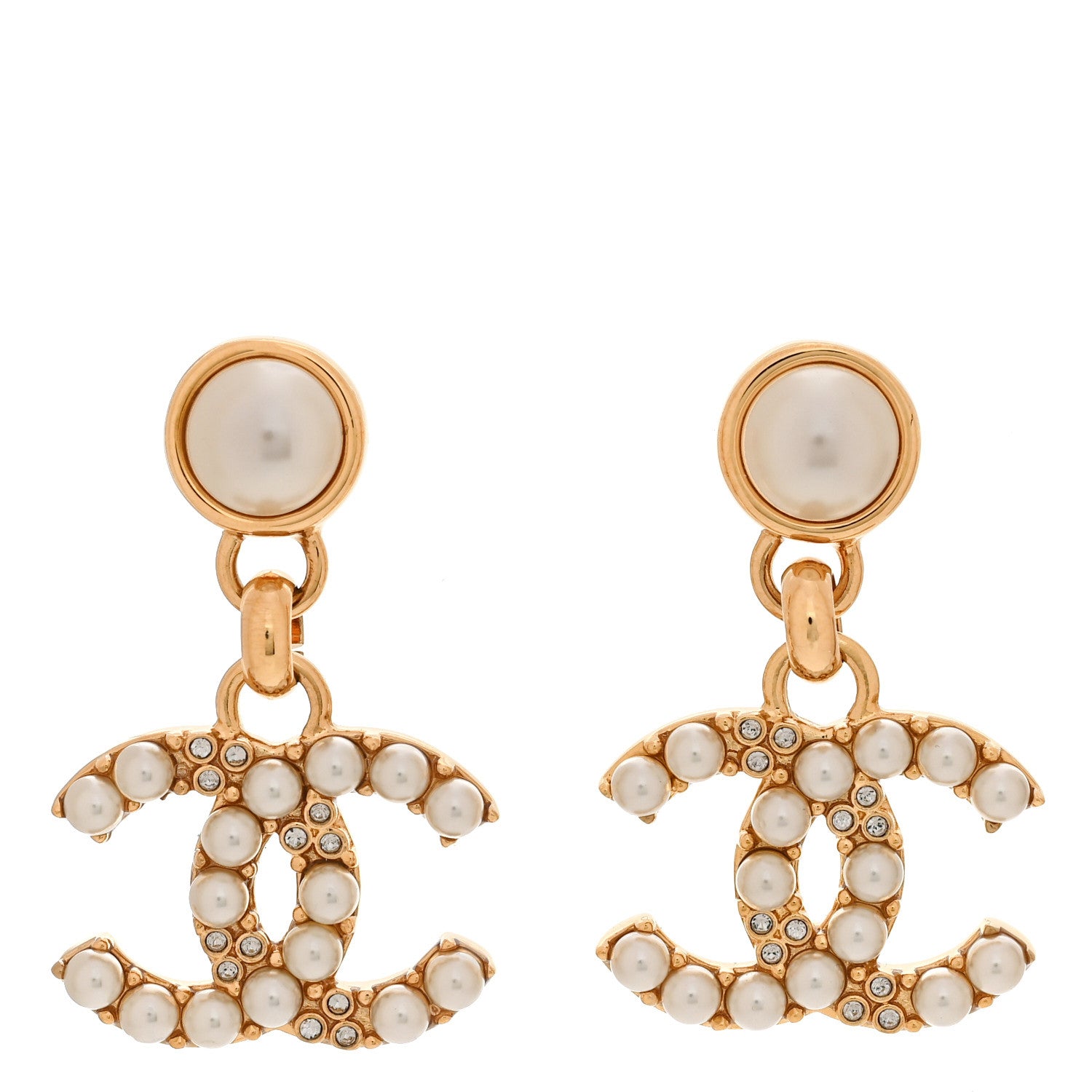 Chanel Metal Crystal Pearl CC Pendant Earrings Gold 1 of 5