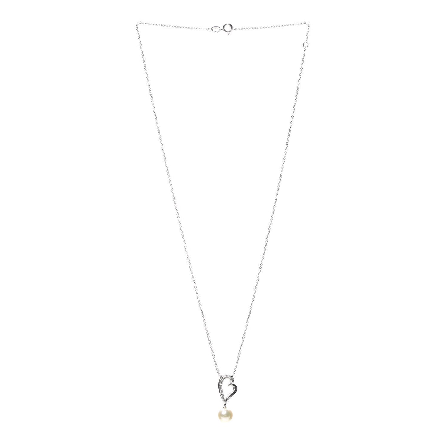 14K White Gold Diamond Akoya Pearl Heart Drop Pendant Necklace
