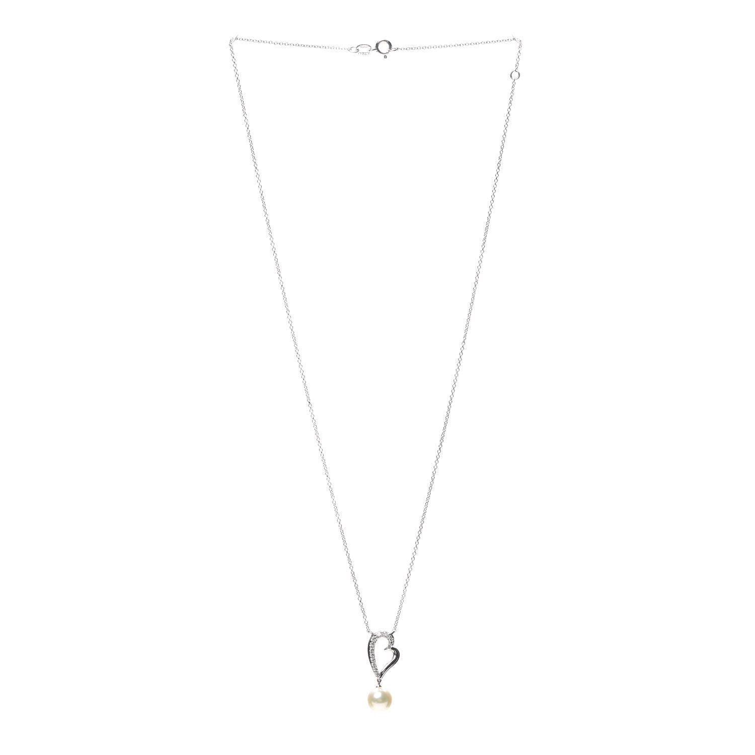 Mikimoto 14K White Gold Diamond Akoya Pearl Heart Drop Pendant Necklace 3 of 4