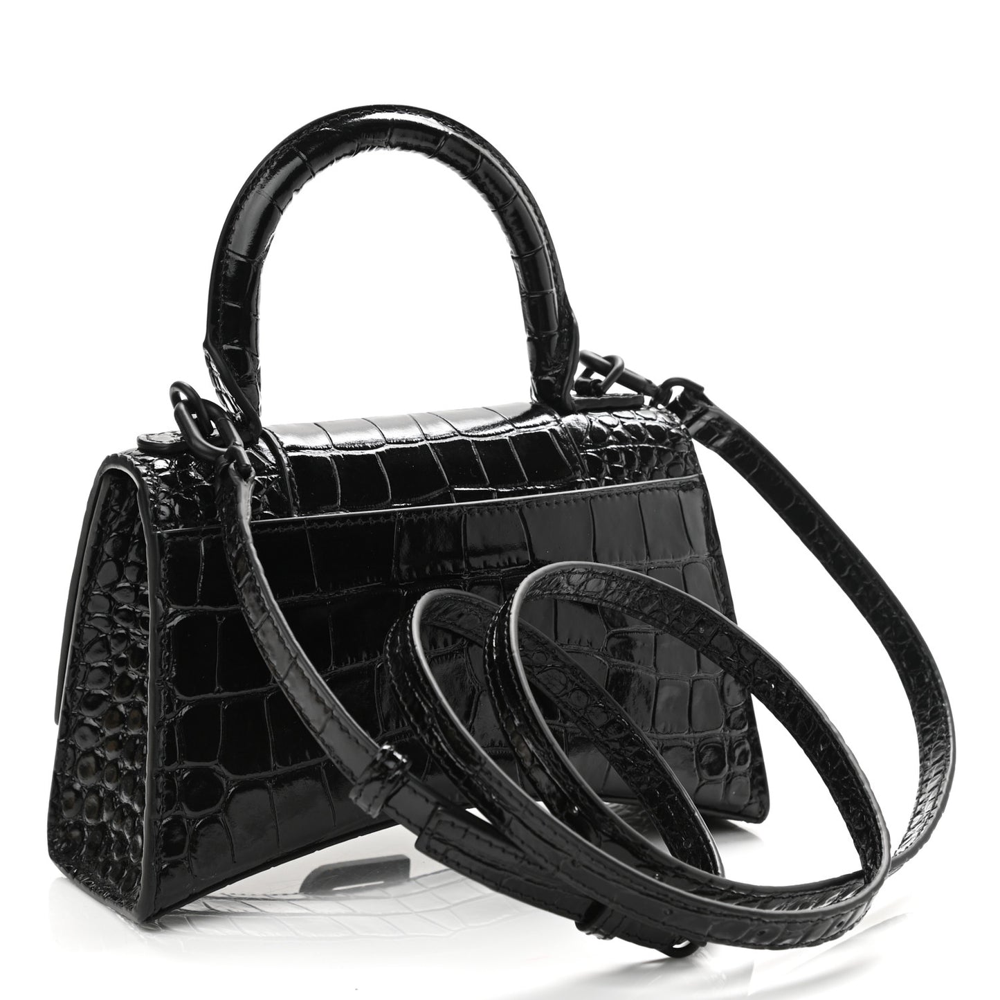 Shiny Calfskin Monochrome Crocodile Embossed Hourglass Top Handle Bag XS Black