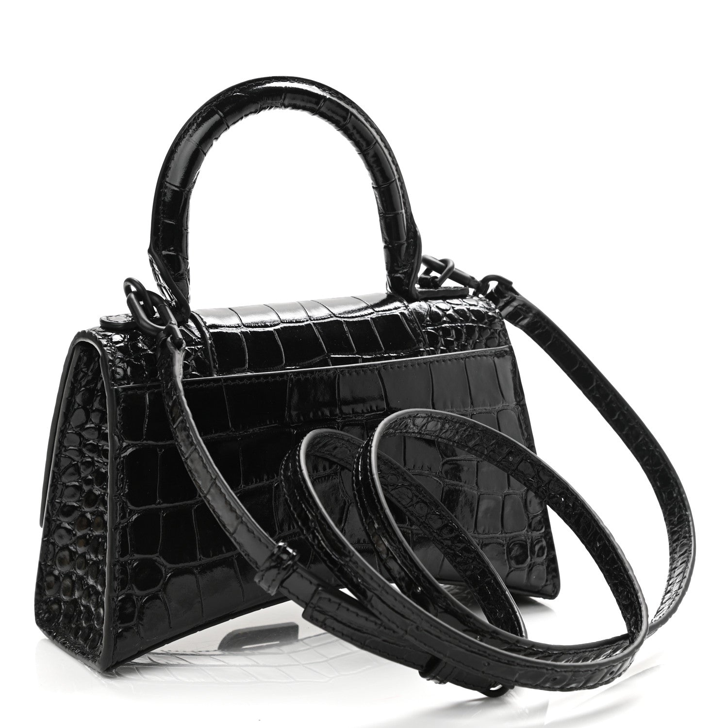 Balenciaga Shiny Calfskin Monochrome Crocodile Embossed Hourglass Top Handle Bag XS Black 3 of 11