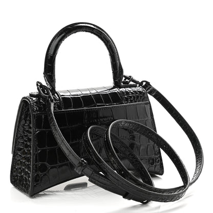 Balenciaga Shiny Calfskin Monochrome Crocodile Embossed Hourglass Top Handle Bag XS Black 3 of 11
