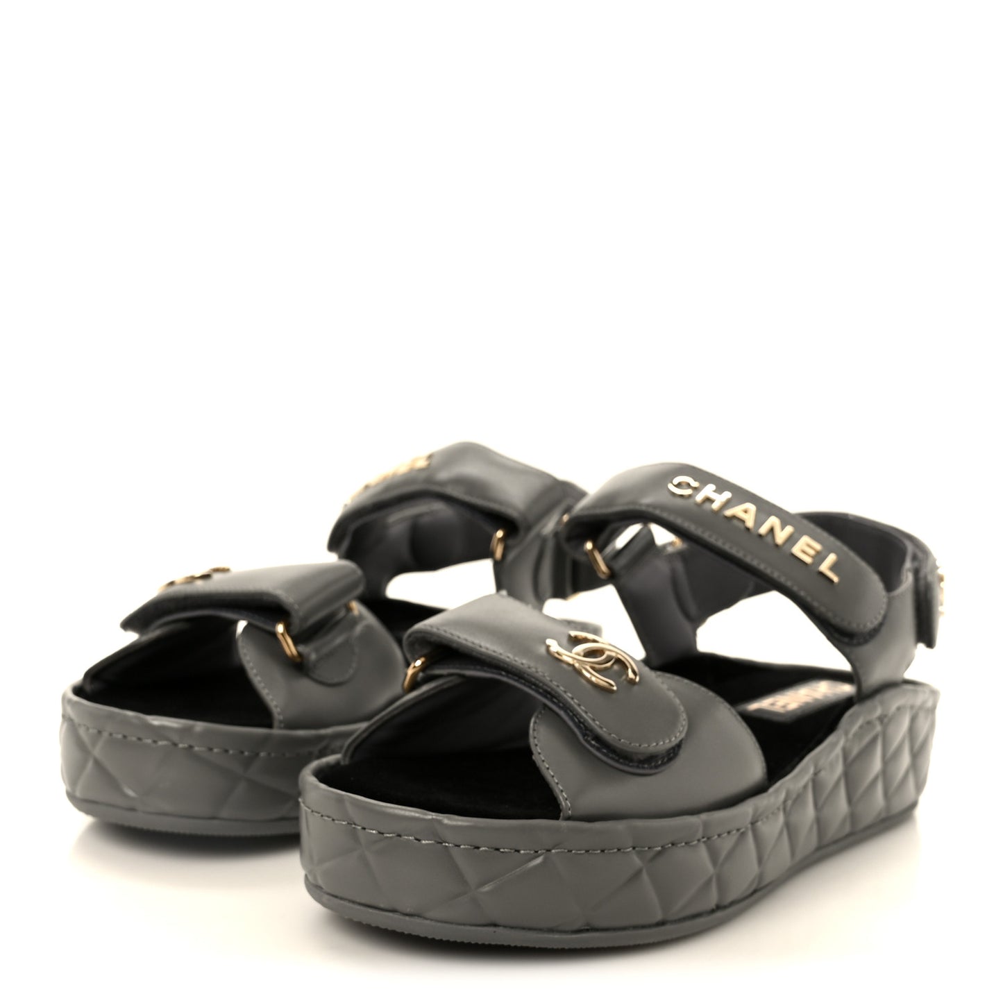 Shiny Calfskin Logo Platform Sandals 36 Grey