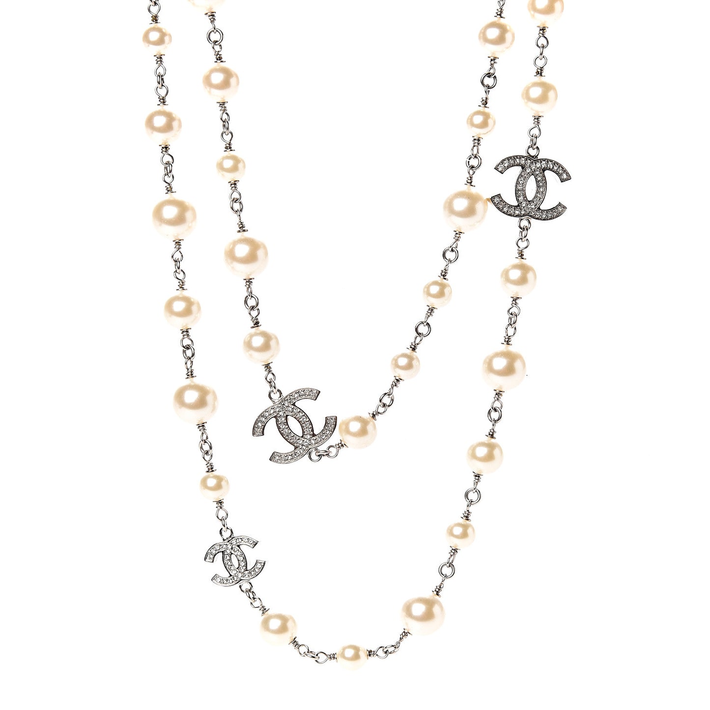 Crystal Pearl CC Long Necklace Silver