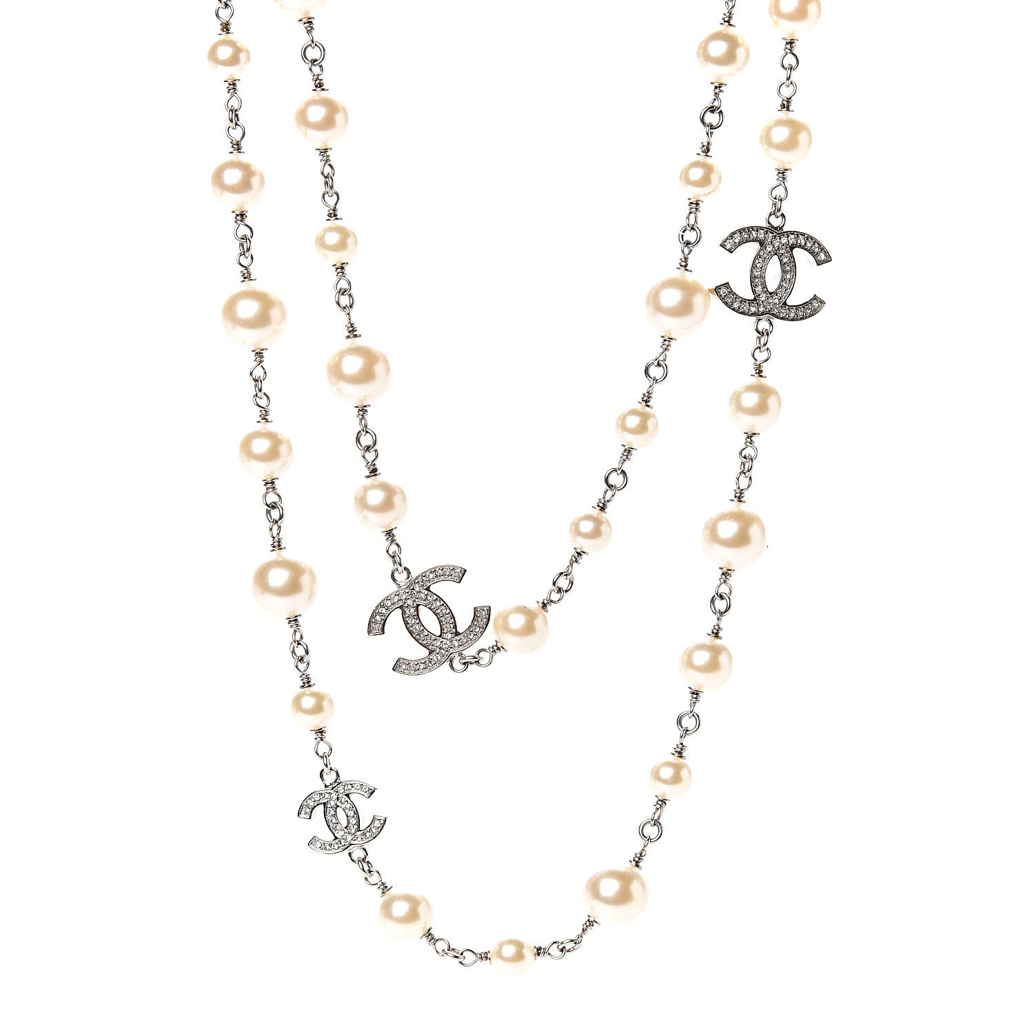 Chanel Crystal Pearl CC Long Necklace Silver 1 of 5