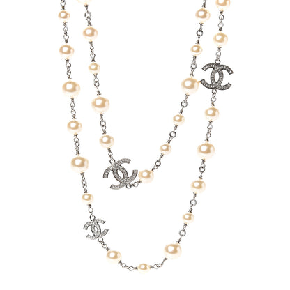 Chanel Crystal Pearl CC Long Necklace Silver 1 of 5