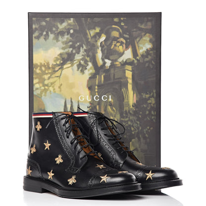 Gucci Calfskin Sylvie Web Bee Star Embroidered Mens Brogue Captoe Boots 7 Black 13 of 13