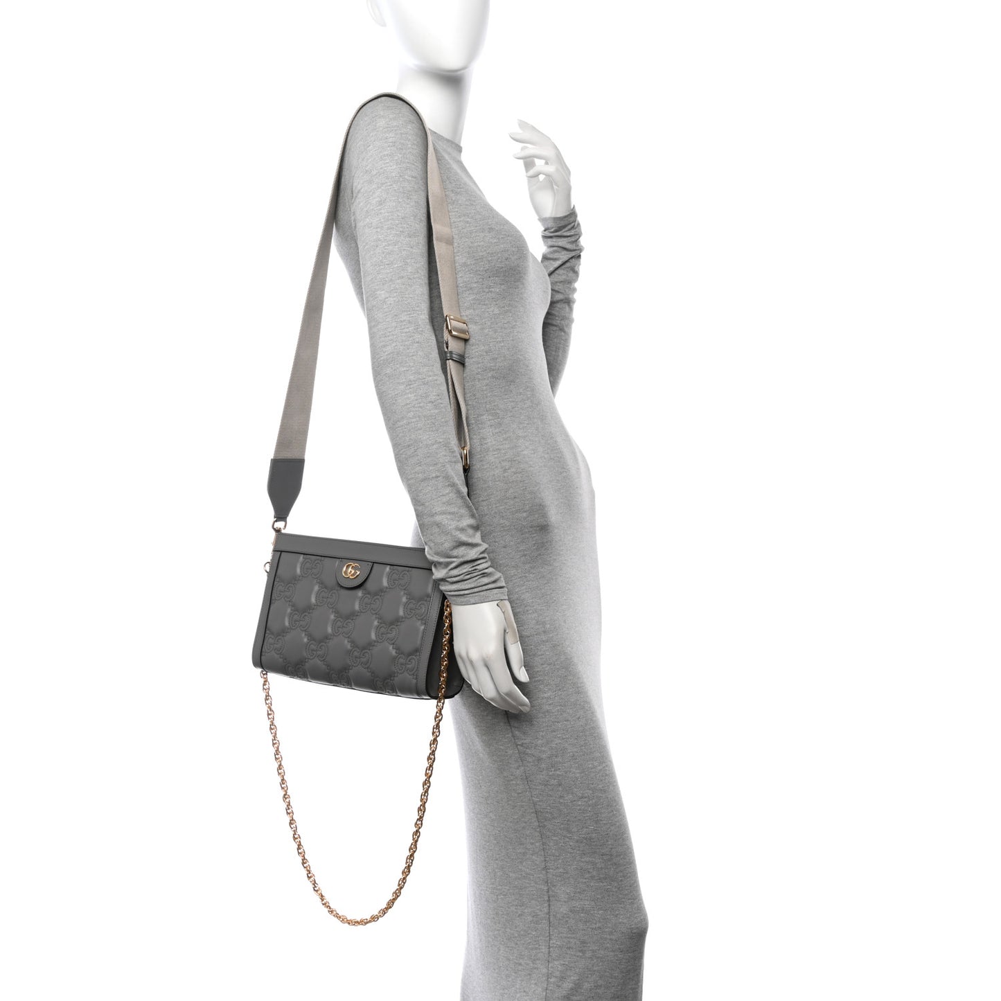 Calfskin GG Matelasse Small Slim Chain Shoulder Bag Dusty Grey Natural