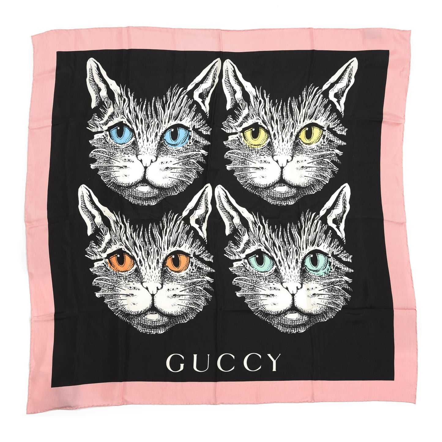 Silk Mystic Cat Square Scarf Black