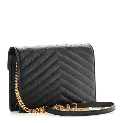 Saint Laurent Grain De Poudre Matelasse Chevron Monogram Envelope Chain Wallet Black 3 of 12