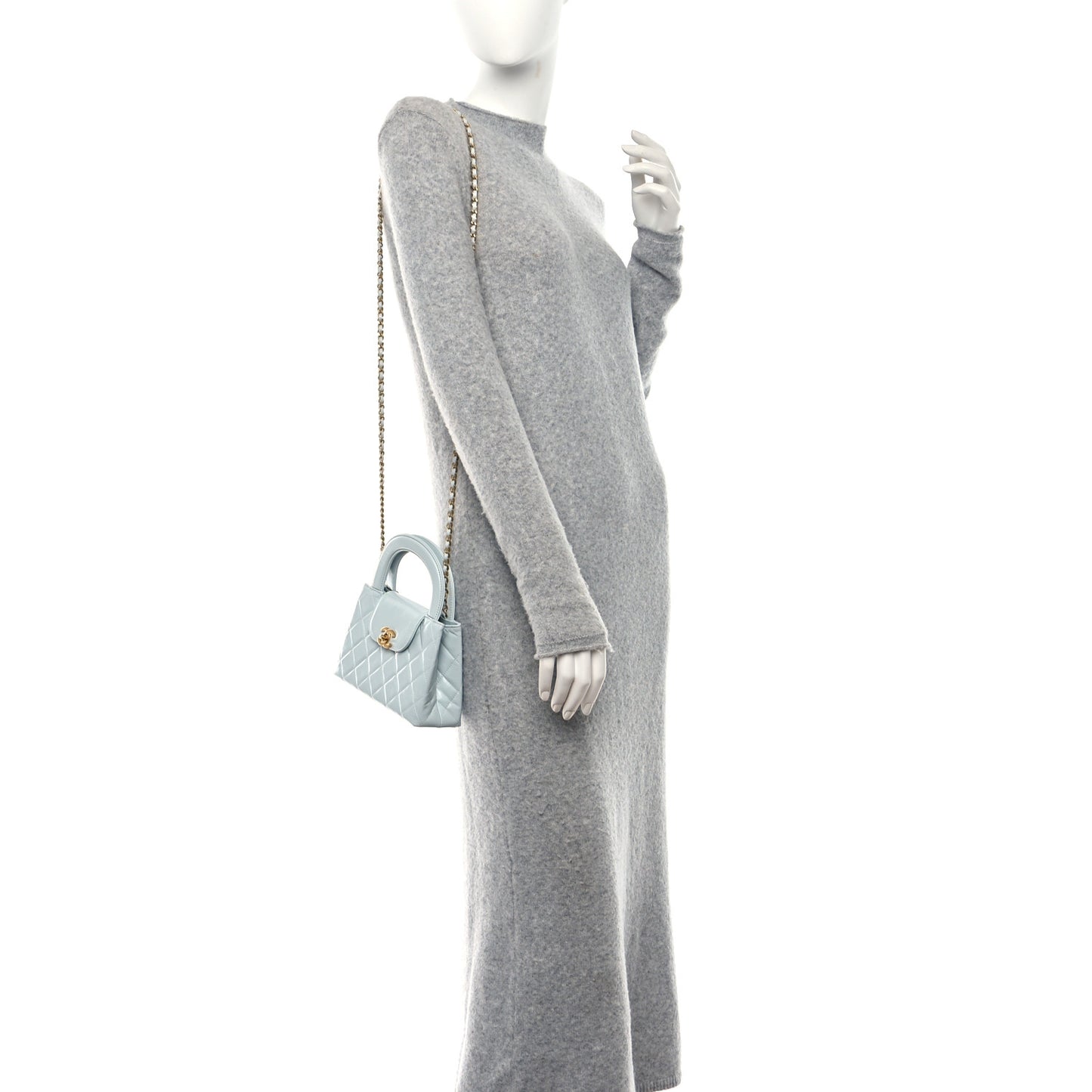 Shiny Aged Calfskin Quilted Nano Kelly Shopper Light Blue
