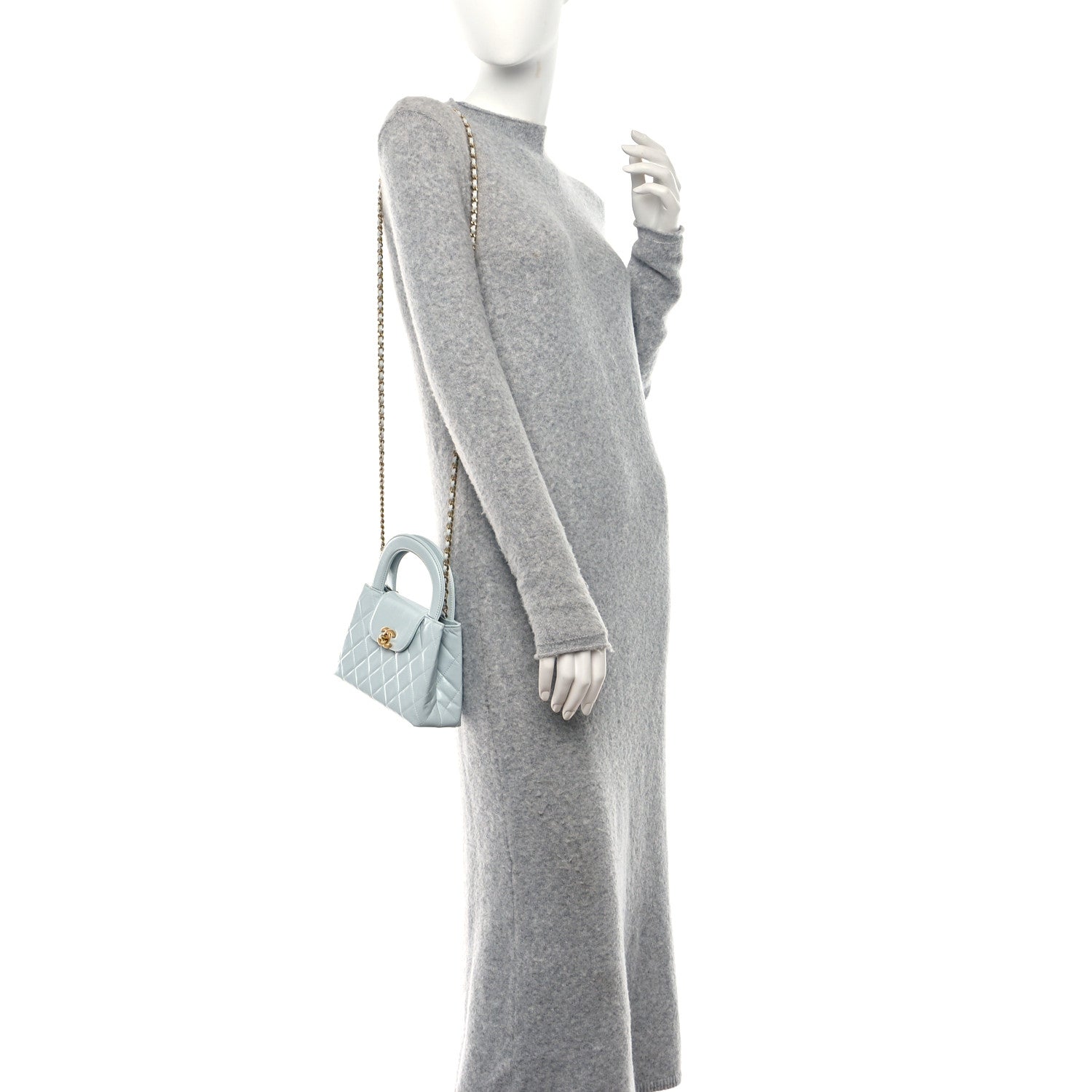 Chanel Shiny Aged Calfskin Quilted Nano Kelly Shopper Light Blue 2 of 10