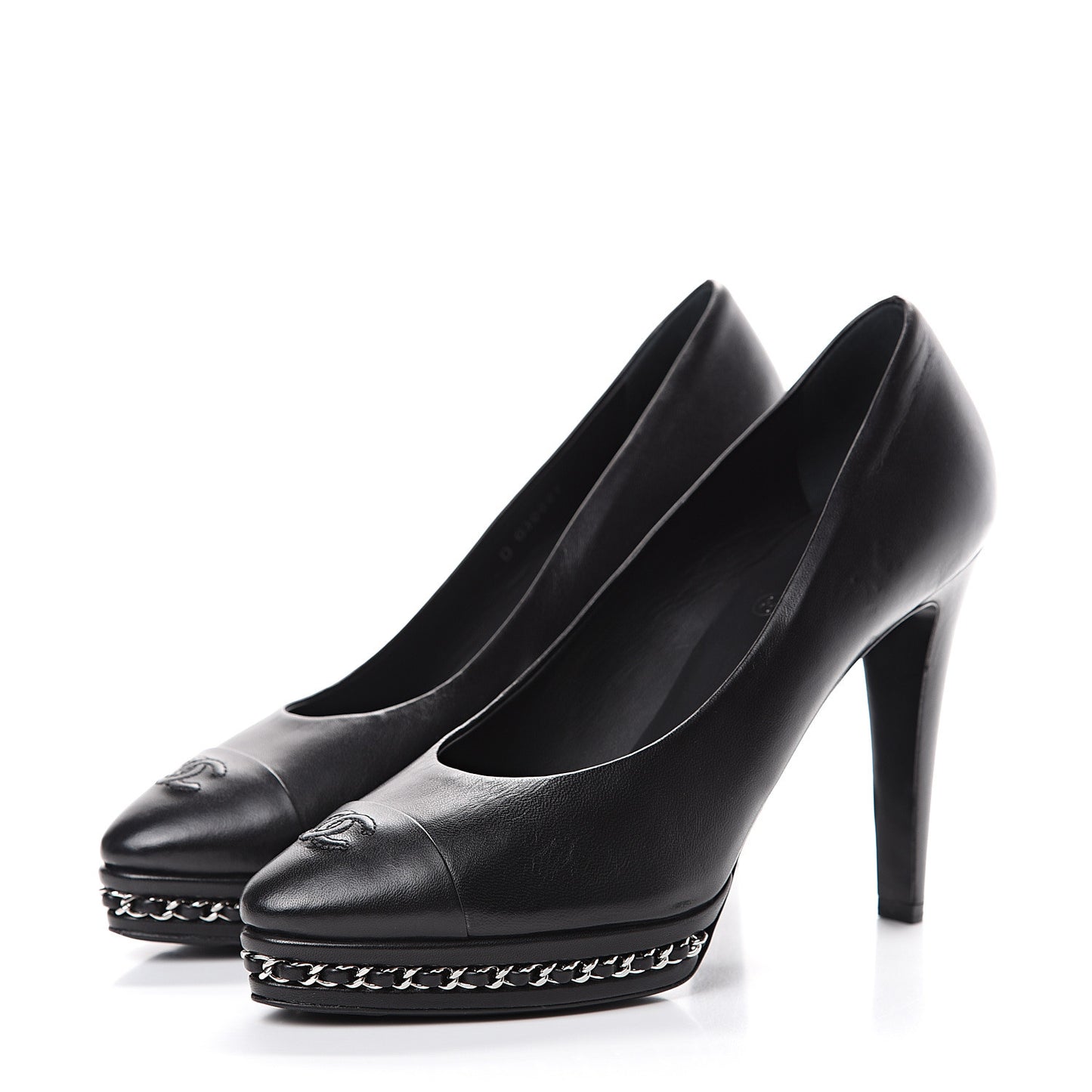 Lambskin CC Cap Toe Platform Chain Pumps 39 Black