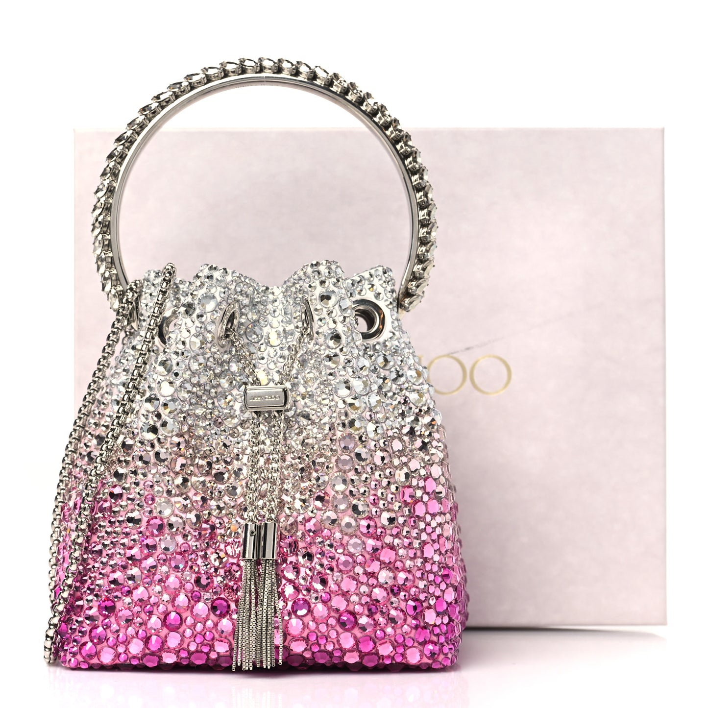 Satin Hotfix Crystal Embellished Bon Bon Bucket Bag Candy Pink Silver