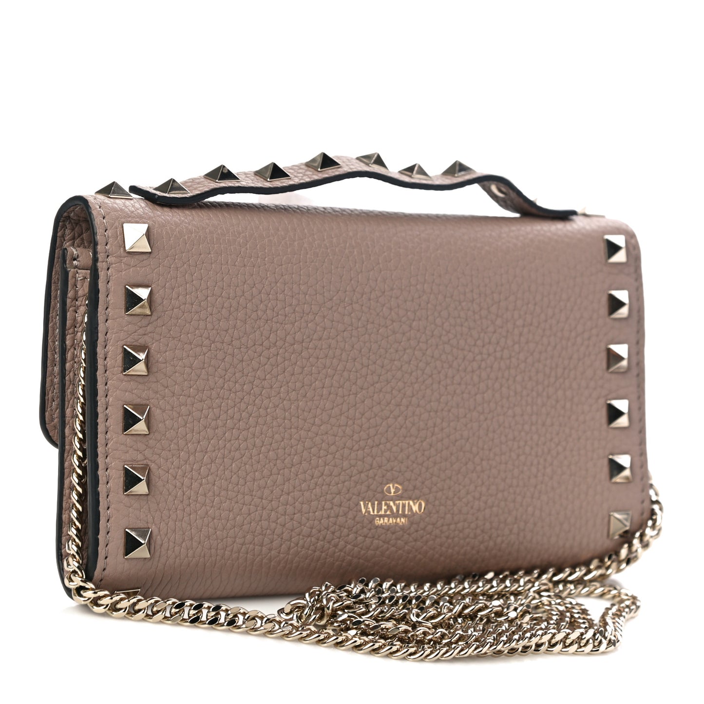Pebbled Calfskin Rockstud Flip Lock Wallet On Chain Poudre