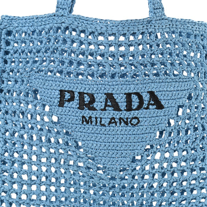 Prada Yarn Raffia Effect Crochet Logo Embroidered Tote Bag Celeste 7 of 9