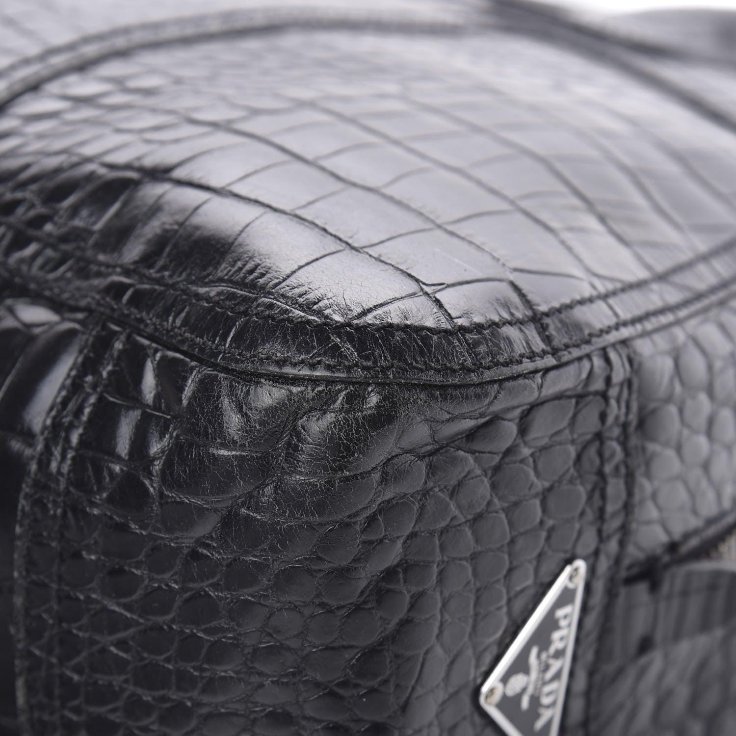 Prada Calfskin Crocodile Embossed Satchel Black 11 of 15